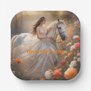 Bride & White-Stallion-Pferd Stehend auf einer Wie Pappteller