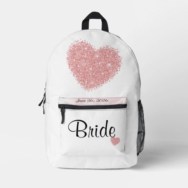 Bride White Wedding Date mit rosa Herz Bedruckter Rucksack (Vorderseite)