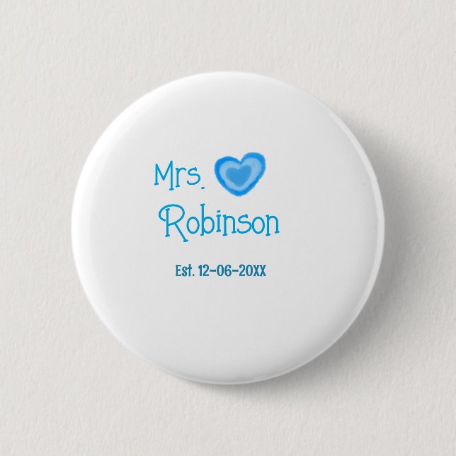 Bride zu Mrs. Name Datum blau Herz Wassercolo Button (Vorderseite)