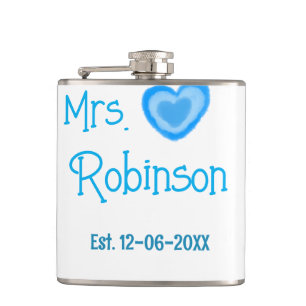Bride zu Mrs. Name Datum blau Herz Wassercolo Flachmann