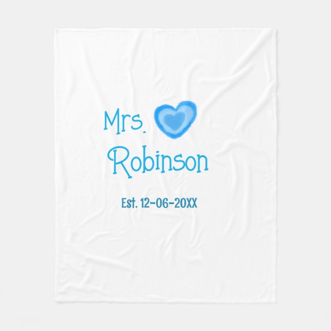 Bride zu Mrs. Name Datum blau Herz Wassercolo Fleecedecke (Vorderseite)