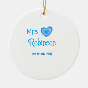 Bride zu Mrs. Name Datum blau Herz Wassercolo Keramik Ornament