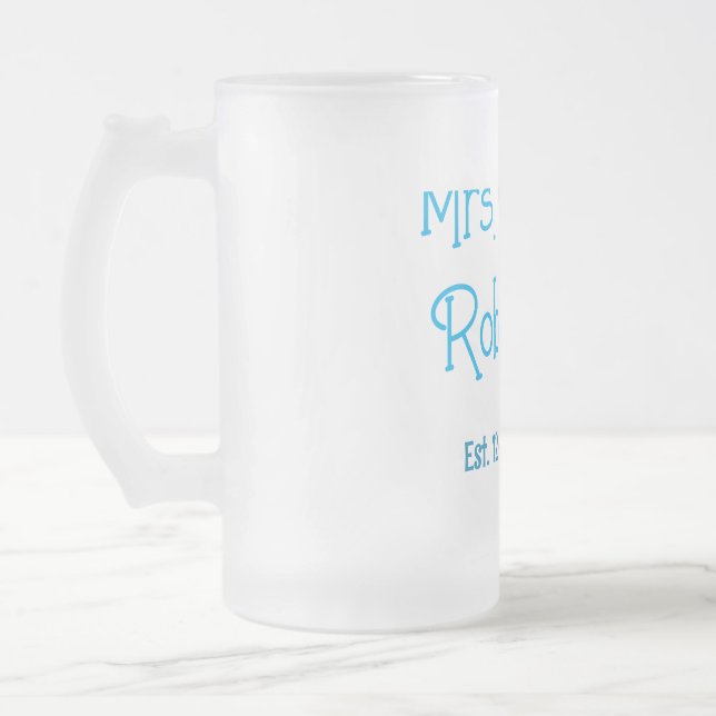 Bride zu Mrs. Name Datum blau Herz Wassercolo Mattglas Bierglas (Links)