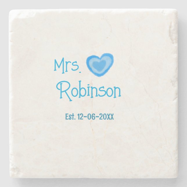 Bride zu Mrs. Name Datum blau Herz Wassercolo Steinuntersetzer (Vorderseite)