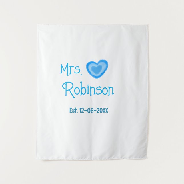 Bride zu Mrs. Name Datum blau Herz Wassercolo Wandteppich (Vorderseite)
