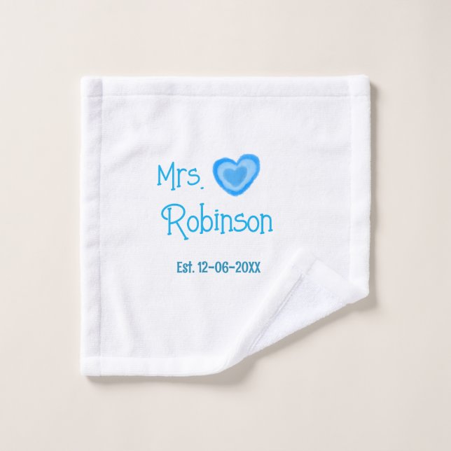 Bride zu Mrs. Name Datum blau Herz Wassercolo Waschlappen (Waschlappen)