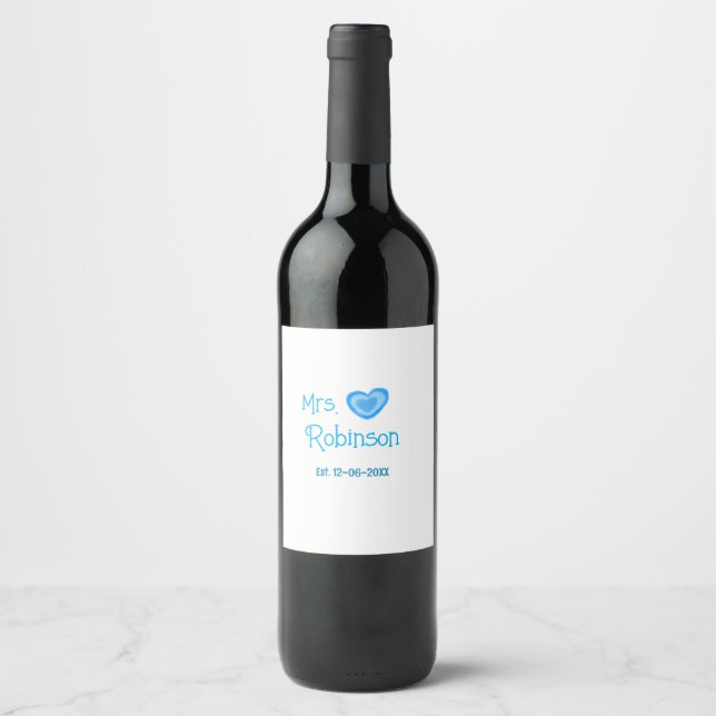 Bride zu Mrs. Name Datum blau Herz Wassercolo Weinetikett (Vorderseite)