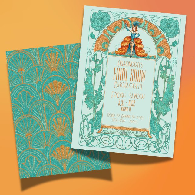 Bride's Final Show Art Deco Showgirl Bachelorette Einladung (Celebrate your Bride-to-be's final act with this Bride's Final Show Art Deco Showgirl Bachelorette!)