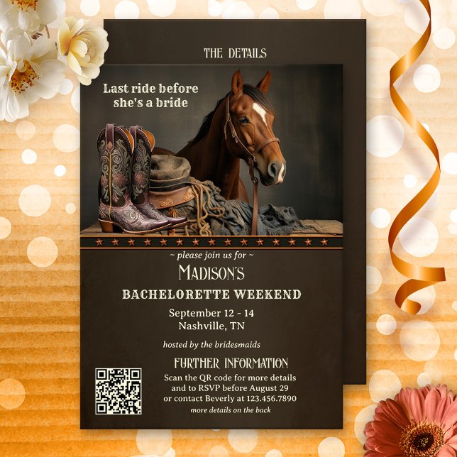 Brides Last Ride Nashville Bachelorette Wochenende Einladung (Brides last ride bachelorette weekend itinerary program template with a horse and cowboy boots.)