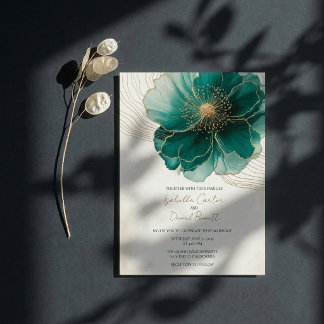 Bride's Teal Floral Gold Wedding Invitation Card Einladung