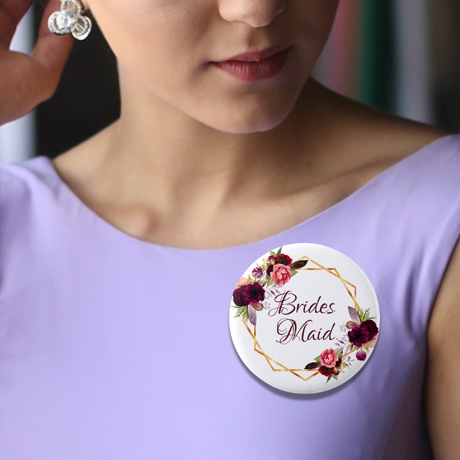 Bridesmaid Aquarellblumen Bordeaux Gold Button (Von Creator hochgeladen)