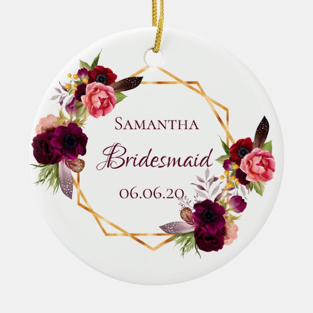 Bridesmaid Aquarellblumen bordeauxrot weiß Keramik Ornament (Vorne)