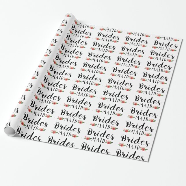 Bridesmaid Black Modern Text & Blume Muster Geschenkpapier (Ungerollt)