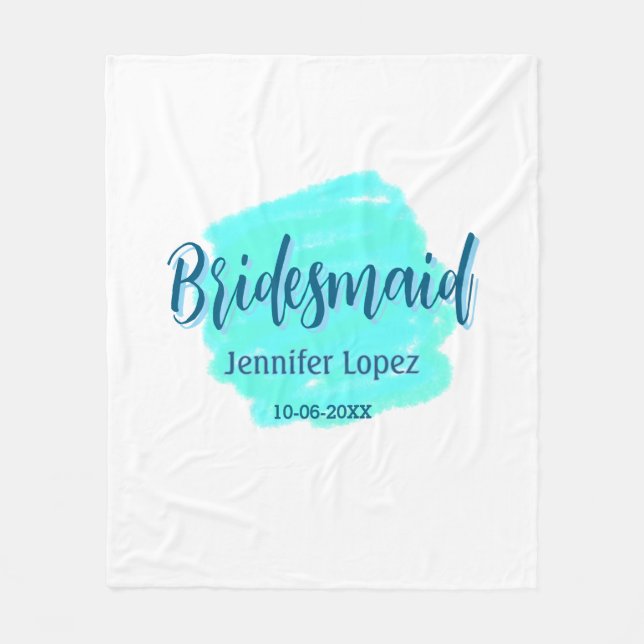 Bridesmaid blau grün Aquarellfarbe Name Datum ange Fleecedecke (Vorderseite)