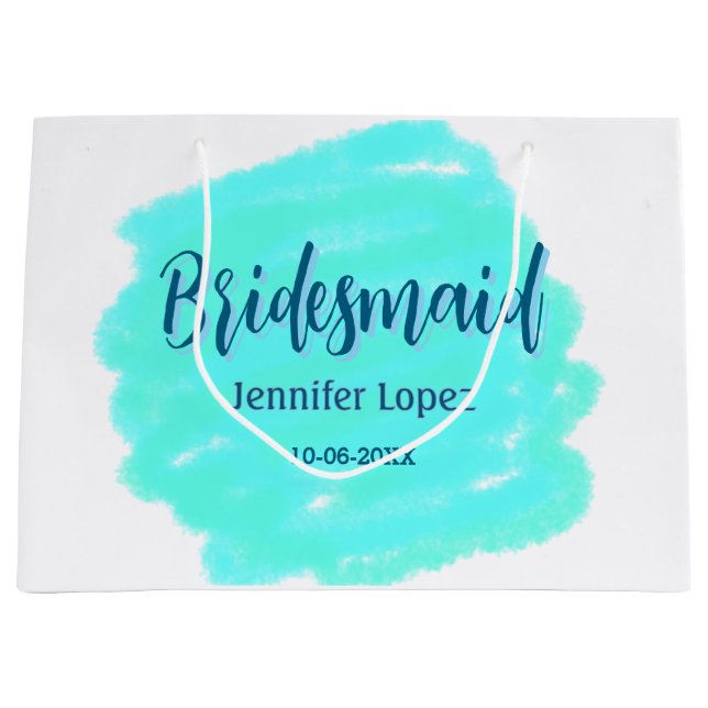 Bridesmaid blau grün Aquarellfarbe Name Datum ange Große Geschenktüte (Vorderseite)