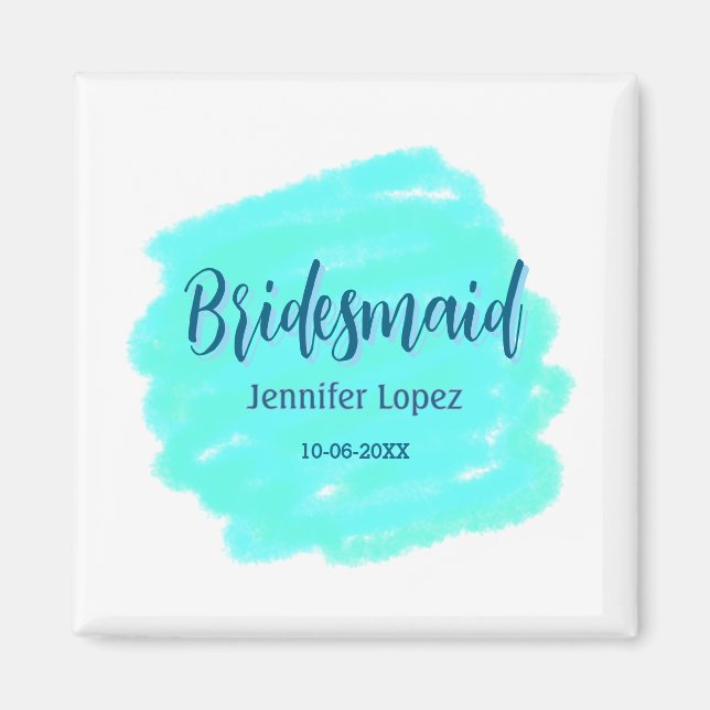 Bridesmaid blau grün Aquarellfarbe Name Datum ange Magnet (Vorne)
