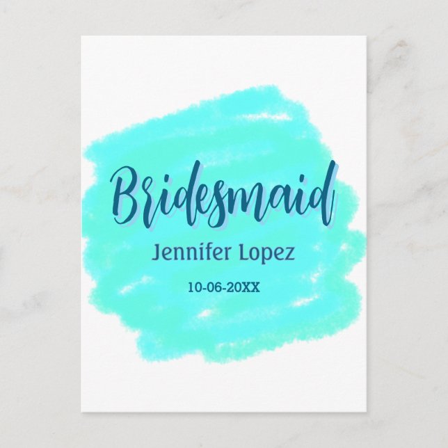 Bridesmaid blau grün Aquarellfarbe Name Datum ange Postkarte (Vorderseite)