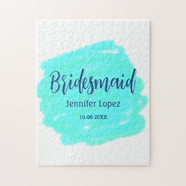 Bridesmaid blau grün Aquarellfarbe Name Datum ange Puzzle (Vertikal)