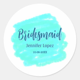 Bridesmaid blau grün Aquarellfarbe Name Datum ange Runder Aufkleber