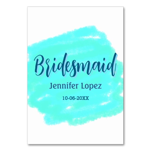 Bridesmaid blau grün Aquarellfarbe Name Datum ange Tischnummer (Vorderseite)