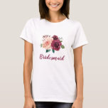 Bridesmaid Blumenrot Pink Burgund Rose Hochzeit T-Shirt<br><div class="desc">Dieser T - Shirt mit Brautpavillon besticht durch ein floralfarbenes Aquarell-Design mit blauen rosa und bordeauxfarbenen Rose. Personalisieren Sie es mit Ihrem eigenen Text. Matching Produkte sind erhältlich. Bitte besuchen Sie unseren Shop oder schauen Sie sich unsere Kollektionsseiten an,  um das komplette Sortiment zu sehen.</div>