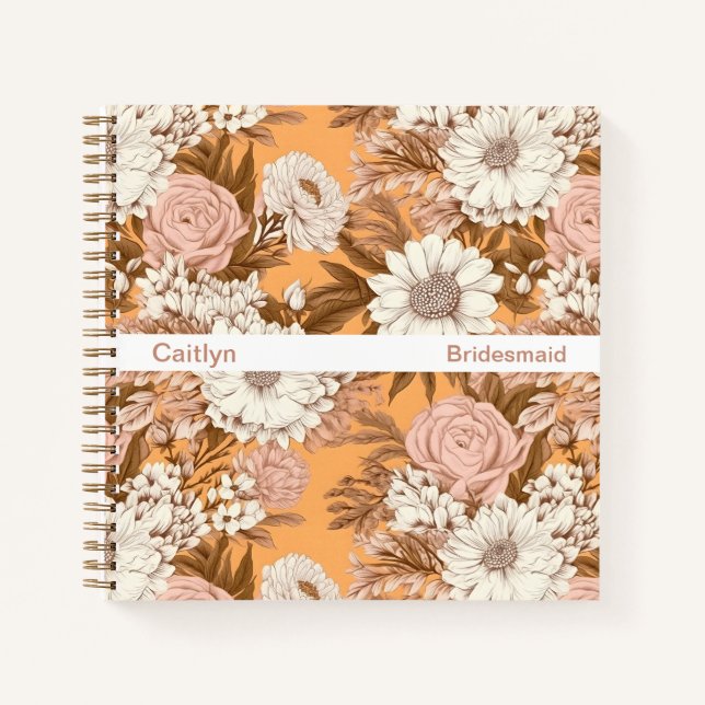 Bridesmaid Boho Orange and Peach Floral Square Notizbuch (Vorderseite)