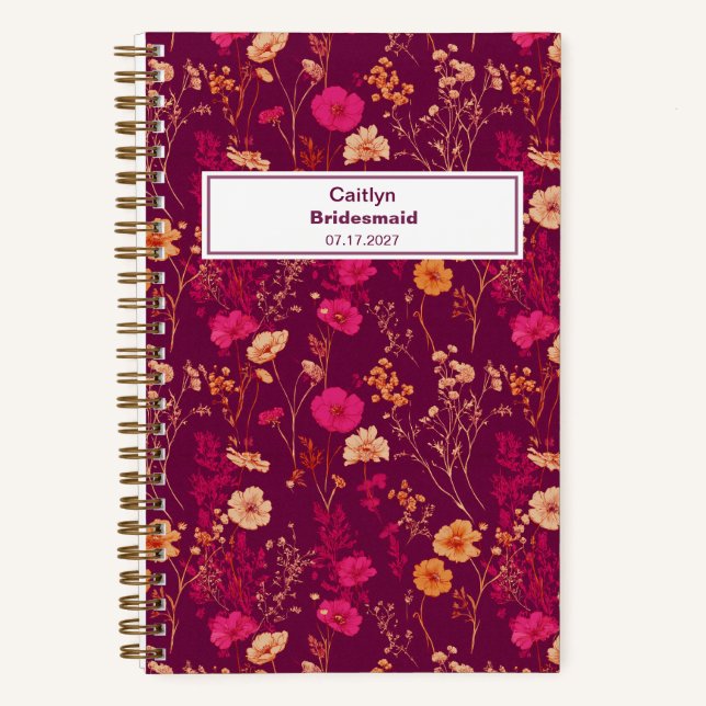 Bridesmaid Burgundy Floral Pattern Notebook Notizbuch (Vorderseite)