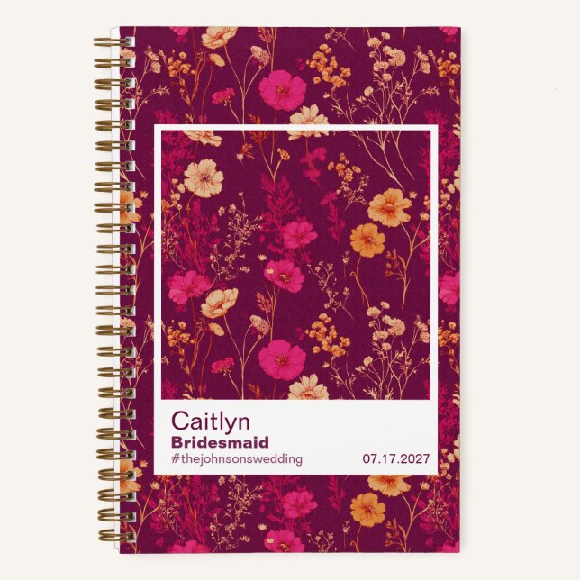 Bridesmaid Burgundy Floral Pattern Swatch Notizbuch (Vorderseite)