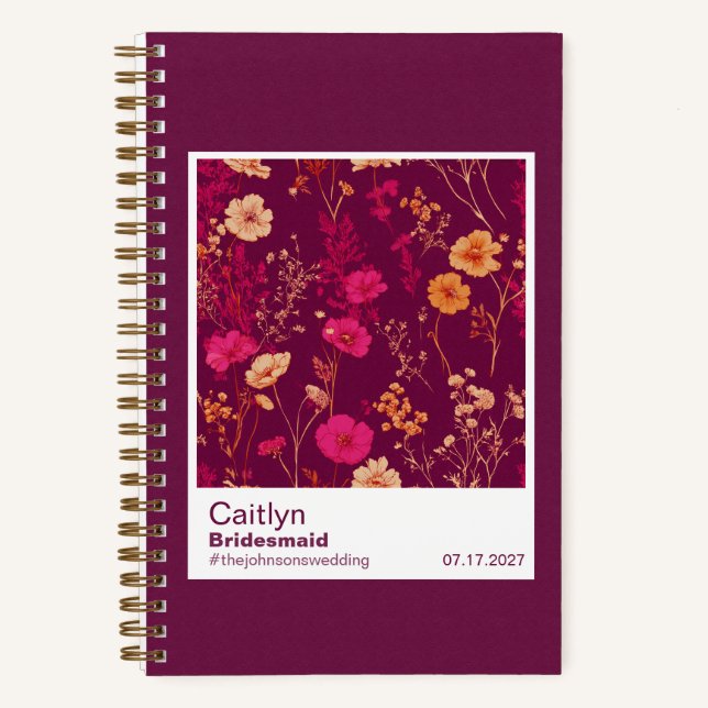 Bridesmaid Burgundy Floral Pattern Swatch Notizbuch (Vorderseite)