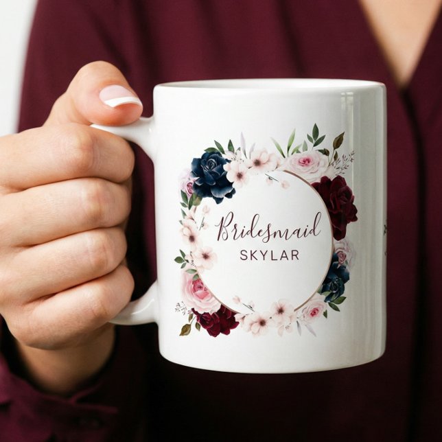Bridesmaid Burgundy & Navy Rosen Watercolor Wreath Kaffeetasse (Bridesmaid Burgundy & Navy Rose Watercolor Wreath Coffee Mug)