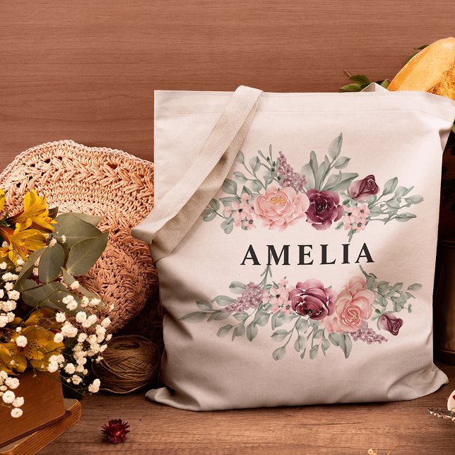 Bridesmaid Burgundy und Rosa Monogramm Name Tragetasche (Von Creator hochgeladen)