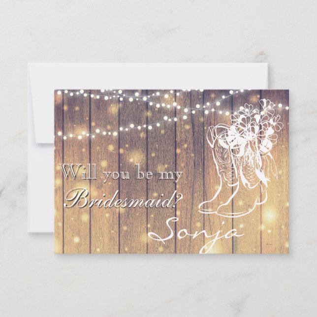 Bridesmaid - Cowboy-Stiefel, Holz mit Licht Einladung (Vorderseite)