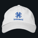 Bridesmaid Custom Wedding Mit Monogramm Baseball C Bestickte Baseballkappe<br><div class="desc">Überraschen Sie Ihre Brautjungfrauen mit dieser coolen Sohle im Baseballstil, die mit ihrem 3-Buchstaben-Monogramm und dem Wort Bridesmaid unten aufwartet. Die oben abgebildete Khaki-Kappe mit königsblauen Texten ist leicht zu verändern, aber die Kappe und die Textfarben können an Ihr Hochzeitsthema/Ihre Hochzeitsfarbe angepasst werden. Dies macht einen phantastischen Junggeselinnen-Abschied oder Gastgeschenk...</div>