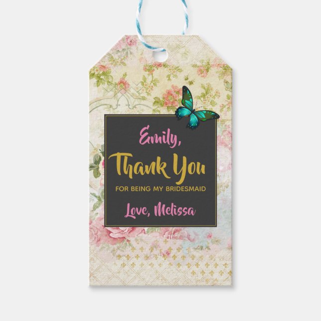 Bridesmaid Dank mit Butterfly auf Vintager Collage Geschenkanhänger (Vorderseite)