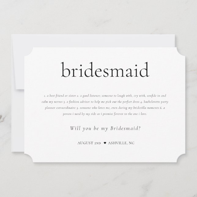 "Bridesmaid Definition & Duty"-Vorschlagskarte Einladung (Vorderseite)