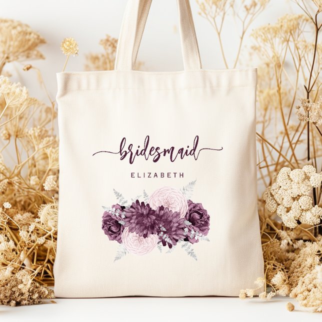 Bridesmaid Floral Mauve Purple Blush Script Tragetasche (Von Creator hochgeladen)