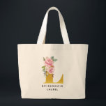 Bridesmaid Floral Pink Gold Monogram Letter L Jumbo Stoffbeutel<br><div class="desc">Trendy blumenmonogramm erste Bräunungstüte Tote Tasche. Mit dem Set L (dt. : goldblütige Monogramm) können Sie den Namen und die Gelegenheit durch den Button "Personalisieren" ändern. Perfektes Geschenk zum Geburtstag,  Jubiläum oder Brautparty</div>