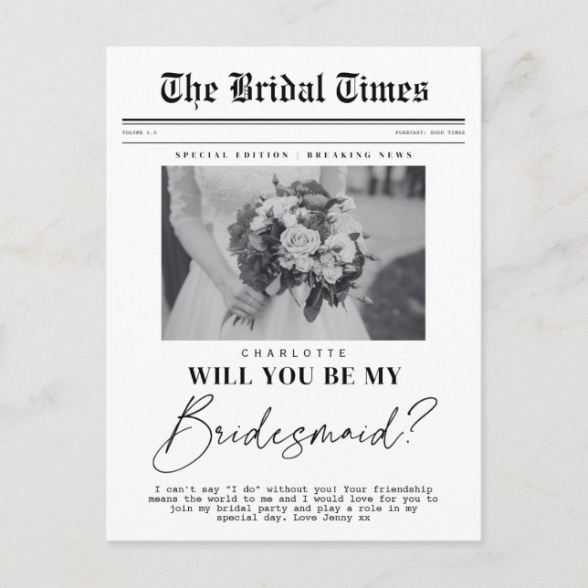 Bridesmaid fragend, anpassbare Zeitung Postkarte (Vorderseite)