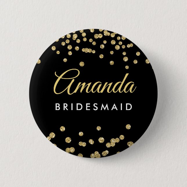 Bridesmaid Fvor Gold Imitate Glitzer Confetti Blac Button (Vorderseite)
