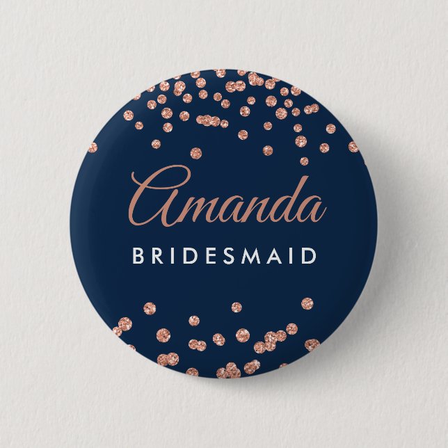 Bridesmaid Fvor Rose Gold Glitzer Confetti Navy Button (Vorderseite)