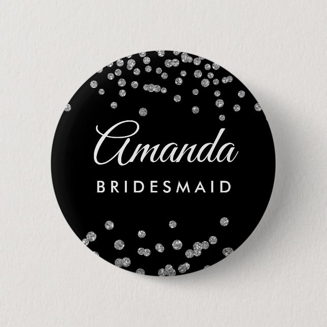 Bridesmaid Fvor Silver Glitzer Confetti Black Button (Vorderseite)
