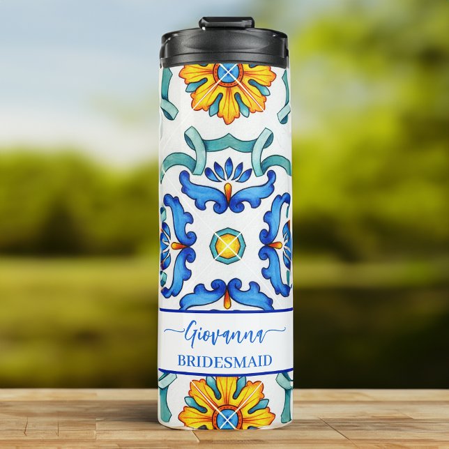 Bridesmaid Geschenk Brautparty bevorzugt Majolica  Thermosbecher (Bridesmaid gift bridal party favors Majolica blue personalized name Thermal Tumbler)