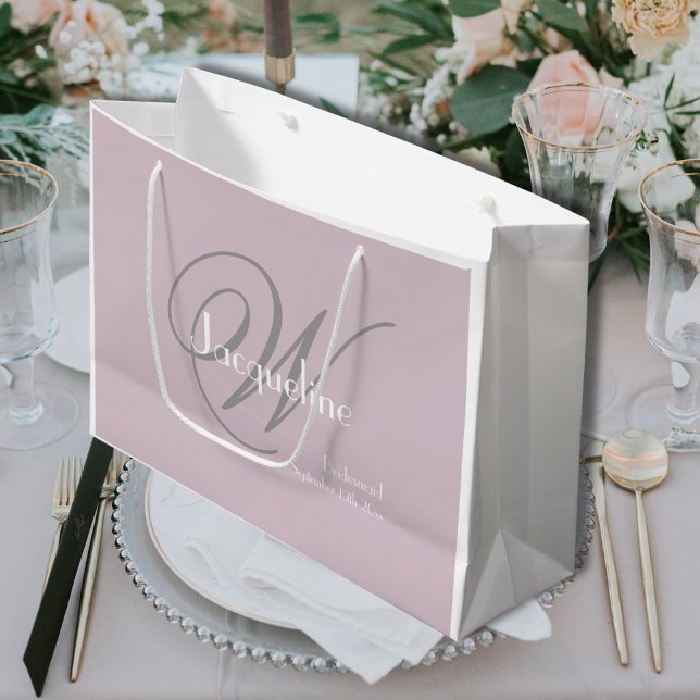 Bridesmaid-Geschenk Elegante Monogramm + Name Rosa Große Geschenktüte (A Perfect Bridesmaid Gift Elegant Monogram + Name Blush Pink, White & Gray Large Gift Bag.)