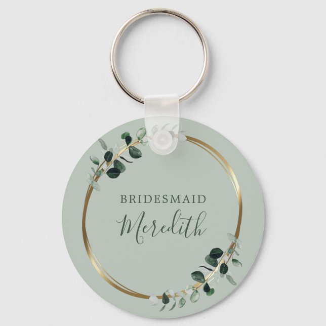 Bridesmaid-Geschenk Eucalyptus Gold Monogram Sage Schlüsselanhänger (Vorderseite)