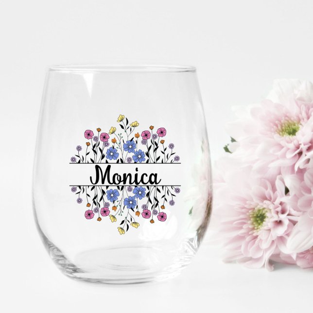 Bridesmaid-Geschenk, Modernes elegantes Monogramm Weinglas Ohne Stiel (elegant split monogram flower design personalized with name on a stemless wineglass )