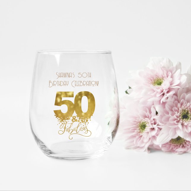 Bridesmaid-Geschenk, Modernes elegantes Monogramm  Weinglas Ohne Stiel (custom stemless wineglass for 50th birthday in gold design)