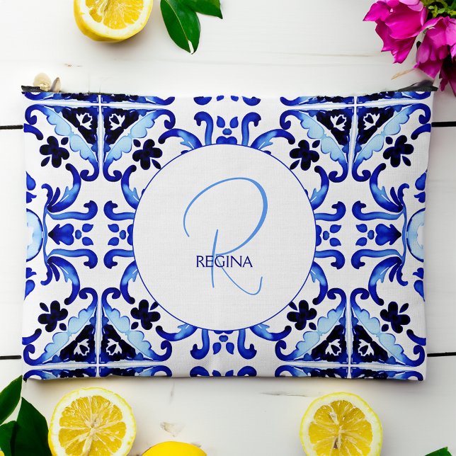 Bridesmaid-Geschenke Talavera blauen Fliesen Monog Zubehörtasche (Bridesmaid gifts talavera azulejo blue tiles monogram personalized beauty bag pouch gifts for her)