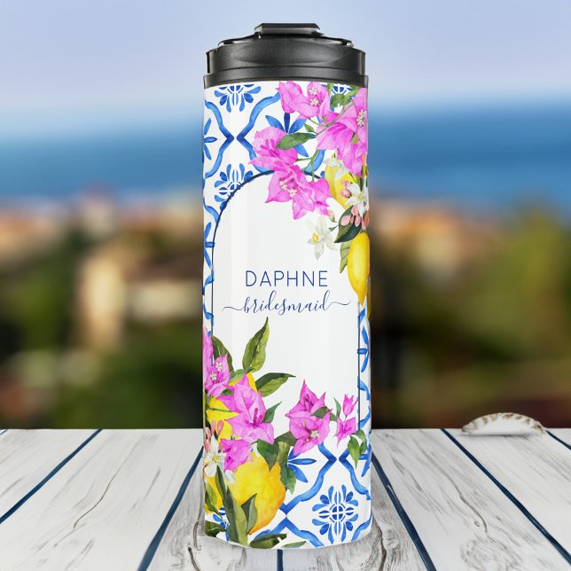 Bridesmaid gibt blauen Fliesen Bougainvilleas Gewo Thermosbecher (Bridesmaid gifts blue tiles bougainvilleas custom thermal tumbler)