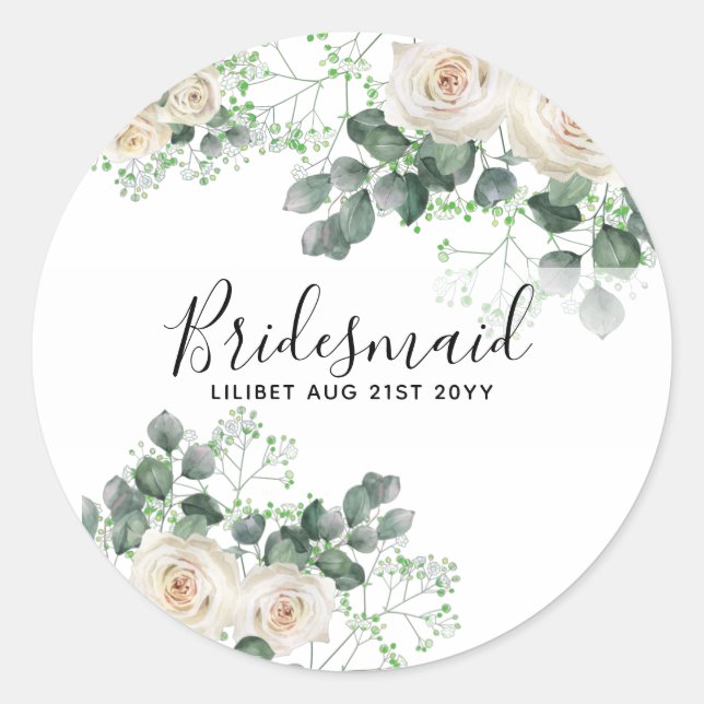 Bridesmaid gibt White Roses Thema Personalisiert Runder Aufkleber (Vorderseite)