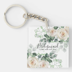 Bridesmaid gibt White Roses Thema Personalisiert Schlüsselanhänger
